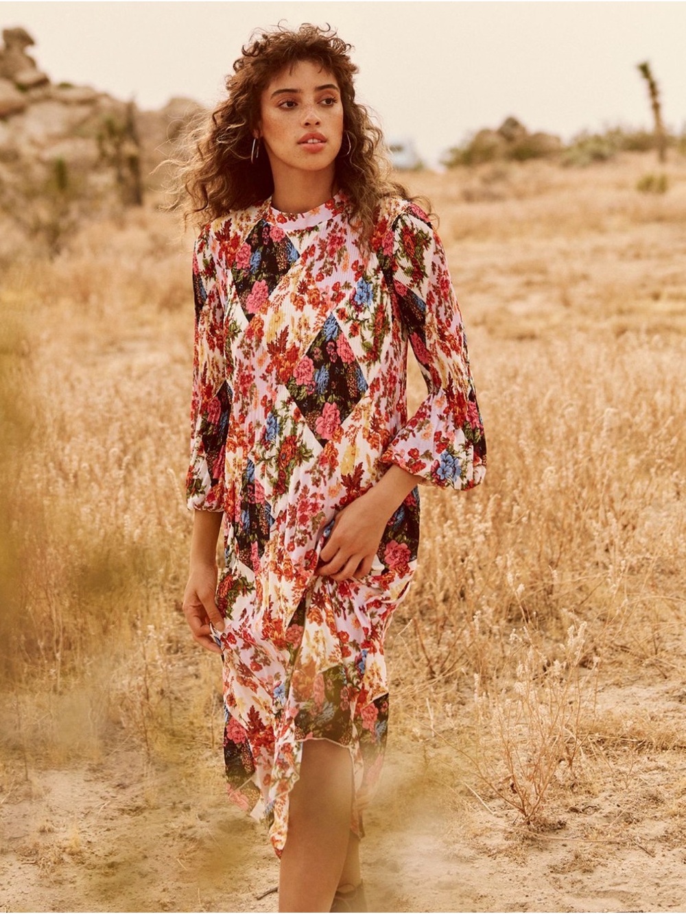 Anthropologie Floral Patchwork Long-Sleeve Midi Dress - Small